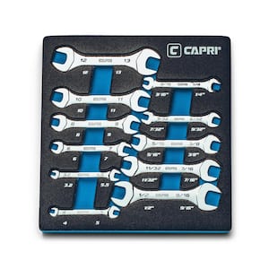 Metric and SAE Slim Mini Open End Wrench Set with Mechanic's Tray (11-Piece)