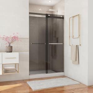 Essence 44 in. to 48 in. W x 76 in. H Sliding Frameless Shower Door in Brushed Nickel with Tinted Glass