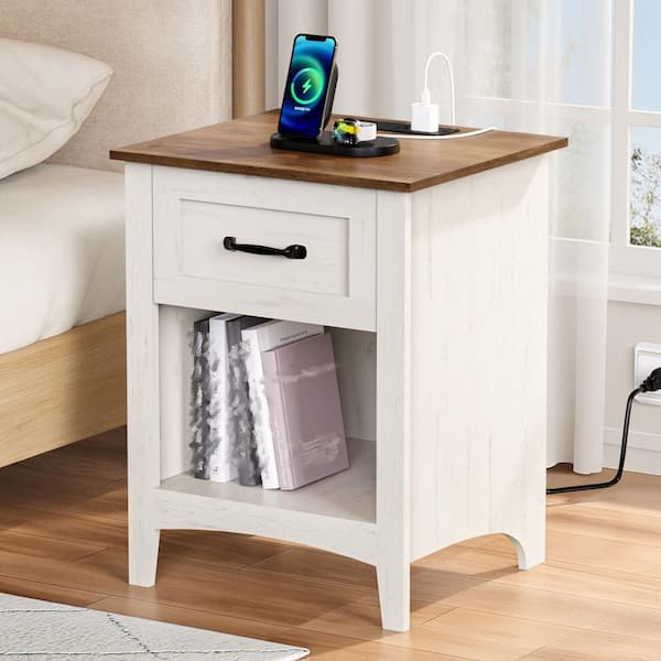 Farmhouse Rustic White 1-Drawer 17.7 in. W Nightstand with Charging Station and Open Shelf