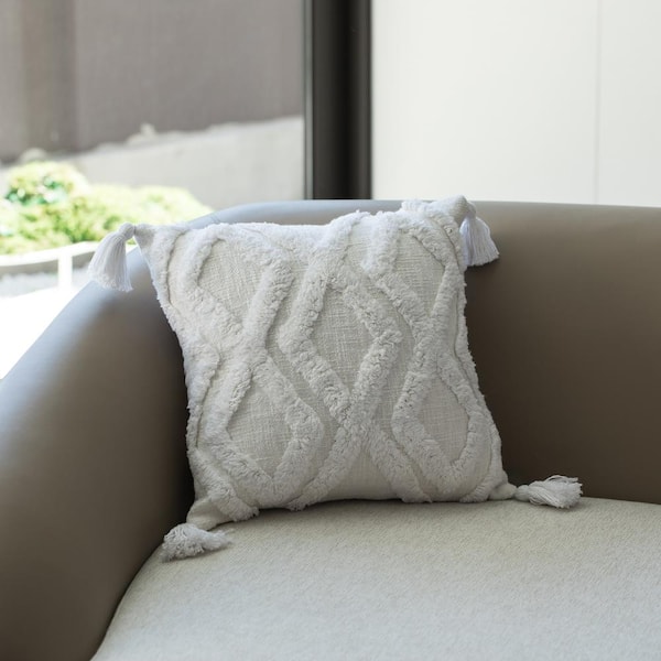 Deerlux 16 Handwoven Cotton Throw Pillow Cover with Large White Tufted Diamond Pattern and Tassel Corners, White