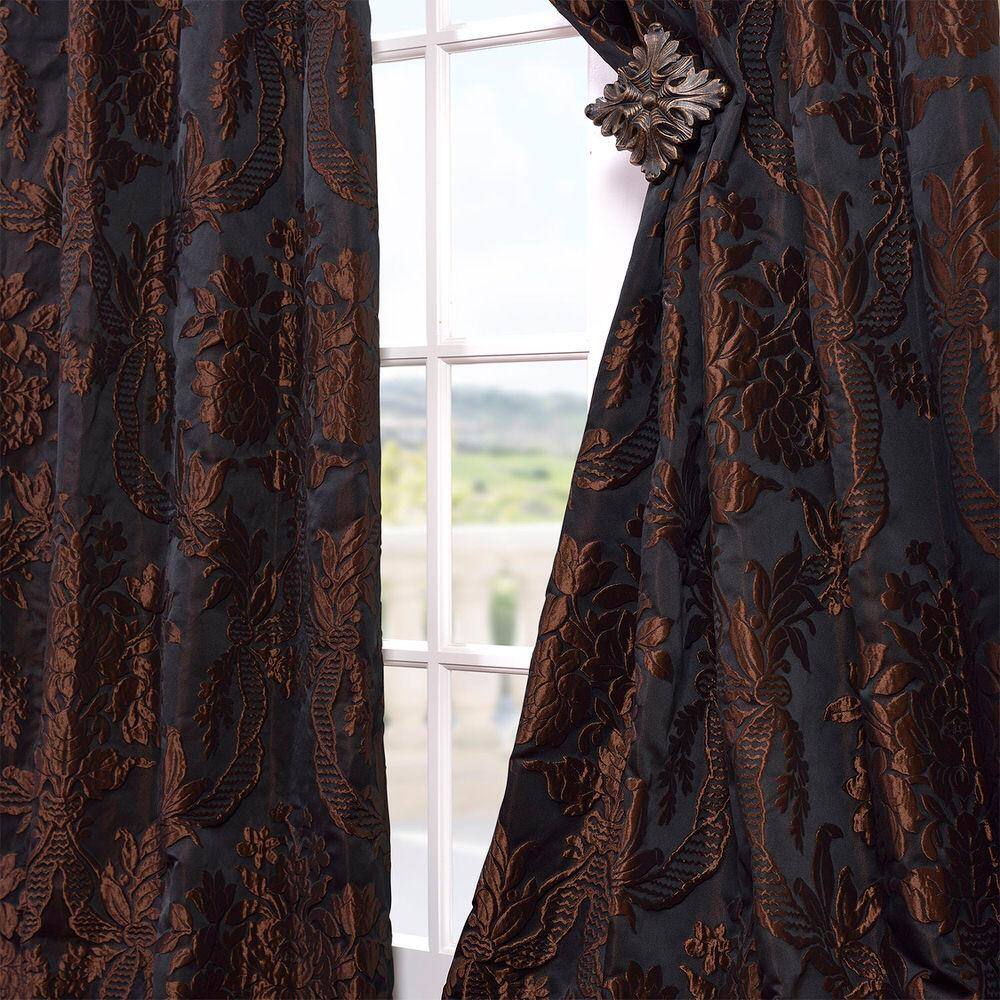 Magdelena Black and Cognac Faux Silk Room Darkening Curtain Panel