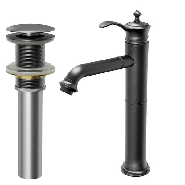 Vineyard Single-Handle Single-Hole Vessel Bathroom Faucet with Matching Pop-Up Drain in Gunmetal Grey