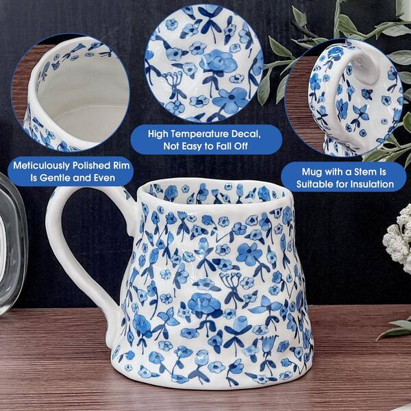 Numhew 20 oz. Blue Ceramic Summer Floral Irregular Oversized Coffee Mug with Handmade Big Handle for Daily Drinks (Set of 1)