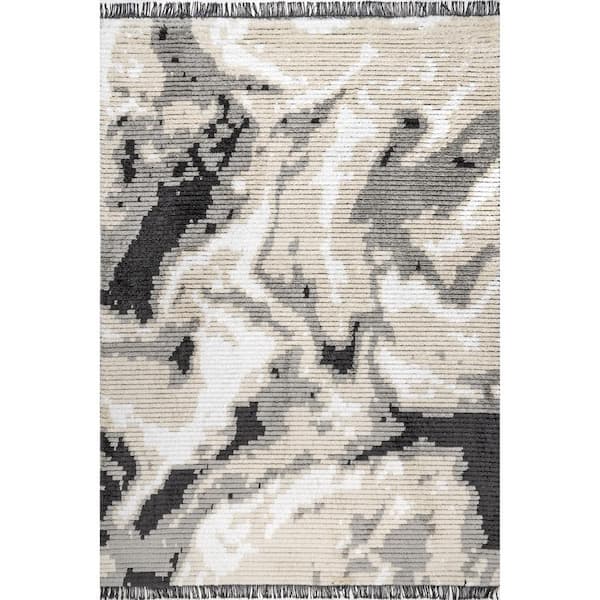 nuLOOM Harper Beige 6 ft. 7 in. x 9 ft. Abstract Marble Soft Shag Fringe Indoor Area Rug