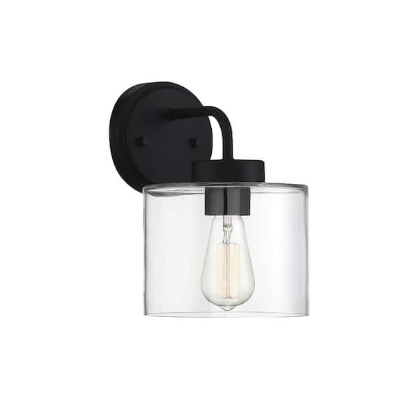 Savoy House 7 in. W x 10.5 in. H 1-Light Matte Black Hardwired Outdoor Wall Lantern Sconce with Clear Glass Shade