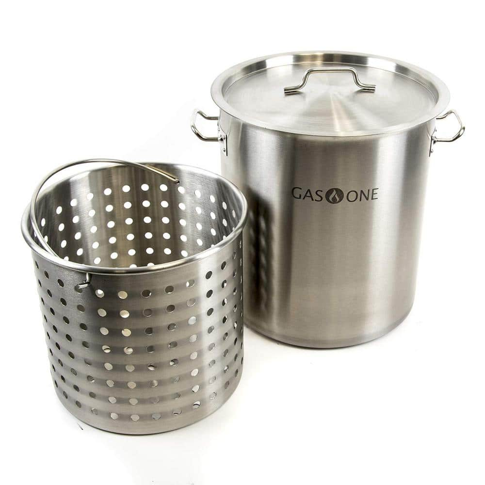 Gasone Stainless Steel Stockpot with Basket – 53QT Stock Pot with Lid and Reinforced Bottom – Heavy-Duty Cooking Pot for Deep Frying, Turkey Frying