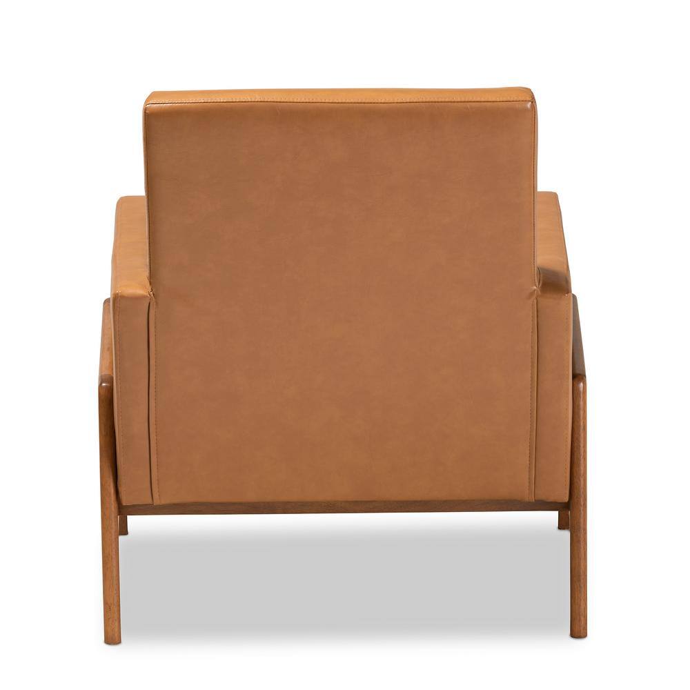 Tan Faux Leather and Walnut Brown Wood Mid-Century Lounge Chair
