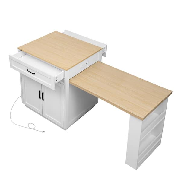 tunuo Kitchen Island White Wood 82.7 in. Kitchen Island with 2-tone Kitchen Table Double-sized Storage and Open Shelves