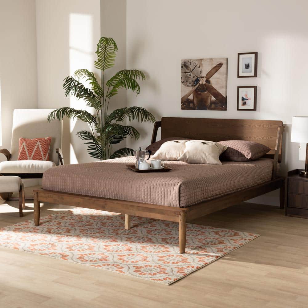Sadler King Walnut Wood Frame Platform Bed with Tufted Headboard