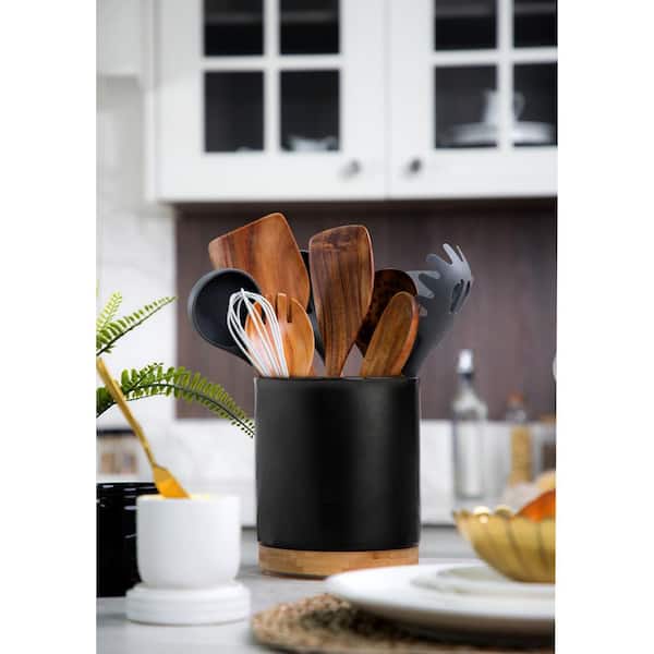 Wudkey 360° Rotating Utensil Holder, Stone Black Ceramic Cooking Utensil Organizer with Countertop-Protection Cork Bottom