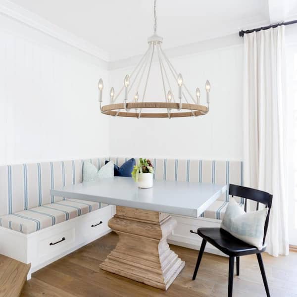 8-Light White Candlestick Wagon Wheel Chandelier Hemp Rope Linear Chandelier Lighting for Kitchen Island