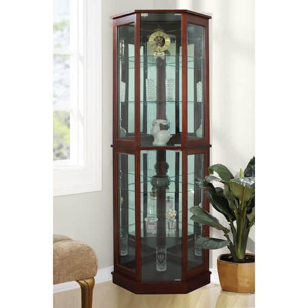 Floor Standing Walnut 5 Sided Lighted, Corner Curio Cabinets With Lights