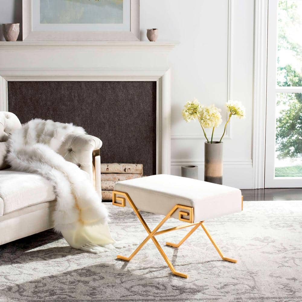 Luna 27'' Light Beige Linen and Gold Greek Key Transitional Bench