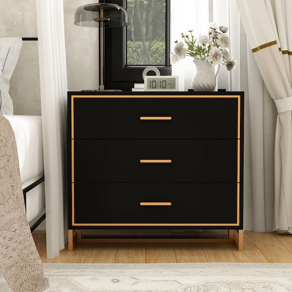 FUFU&GAGA 31.5 in. Width Black and Golden Rectangle Wooden Nightstand, End Table, Side Table with 3 Drawers