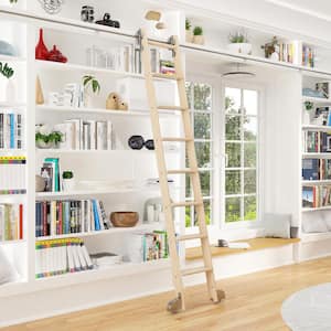 8.06 ft. Maple Library Ladder (9 ft. Reach) Polished Chrome Rolling Hardware 12 ft. Rail and Horizontal Brackets