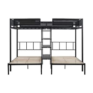 Black Metal Full Over Twin Beds with Shelves, Sturdy Metal Frame, Built-in 3-Tier Shelves, No Box Spring Needed