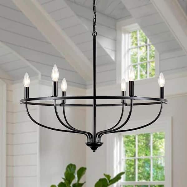 Hatsumi 6 Light Black Farmhouse Candle Style Wagon Wheel Chandelier for Living Room Kitchen Island Dining Room Foyer