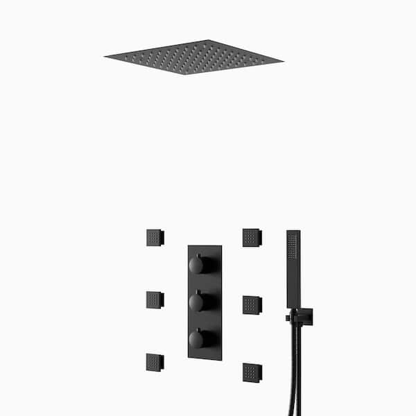 Swains Thermostatic 5-Spray Ceiling Mount Handheld Shower Head 2.5 GPM LED Chromotherapy Shower Faucet in Matte Black