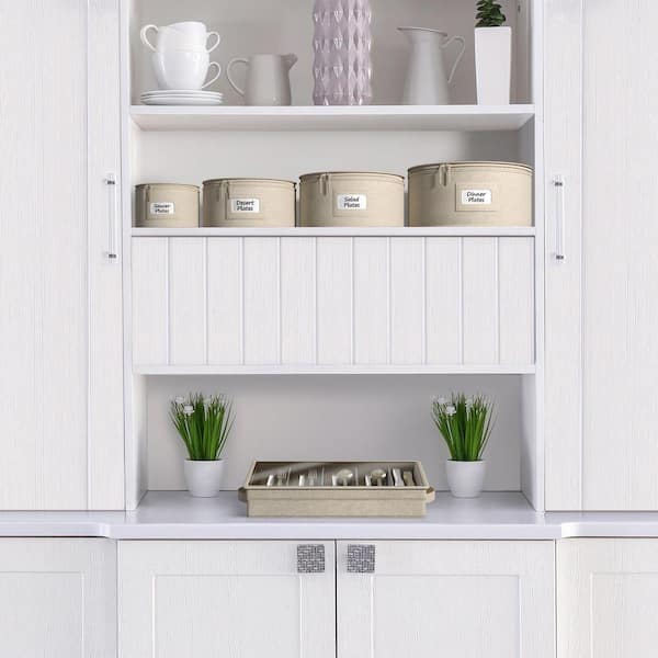 Beige Fabric Dinnerware Storage, 12 in. x 6.25 in. China Plate Container Organizer for Dinner Plate with Lid, 1-Piece