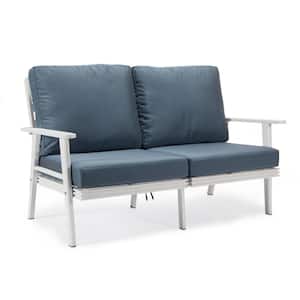Walbrooke Patio White Aluminum Frame and Loveseat with Navy Blue Removable Cushions