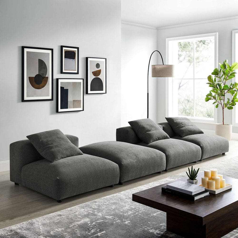 Solace 124 in. 4-Piece Modular Upholstered Fabric Sectional Sofa in. Charcoal