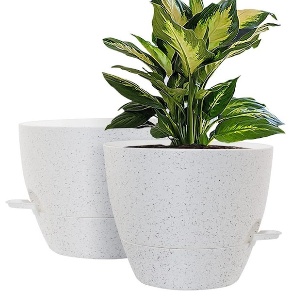 ITOPFOX Modern 10 in. L x 10 in. W x 7.3 in. H Speckled White Plastic Round Indoor Planter (2-Pack)