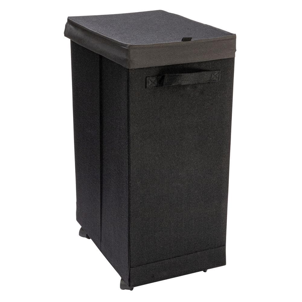 Black Collapsible Polylinen Laundry Hamper with Wheels and Lid
