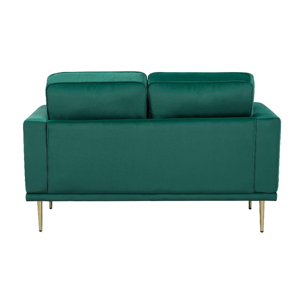 Green Velvet Loveseat with Gold Metal Legs and Track Arms