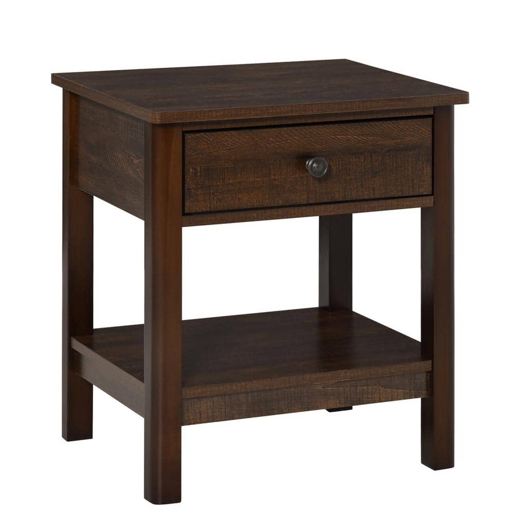 Dark Brown Wood End Table with Drawer and Shelf