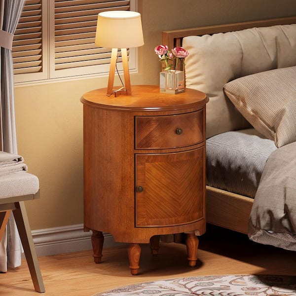 Fenley Walnut 1-Drawer 17.71 in. W Solid Wood Round Nightstand Bedside Table Side Table End Table with Storage Cabinet
