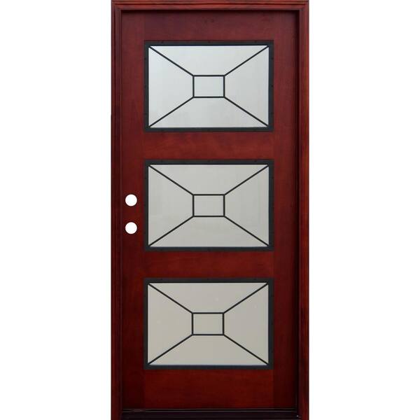 Pacific Entries 36 in. x 80 in. Contemporary 3 Lite Mistlite Stained Mohogany Wood Prehung Front Door with Grille