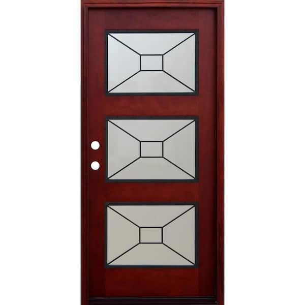 Pacific Entries 36 in. x 80 in. Contemporary 3 Lite Mistlite Stained Mahogany Wood Prehung Front Door with Grille and 6 in. Wall Series