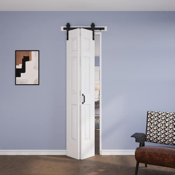 24 in. x 84 in. Assembled Bi-Fold 6 Panel White Primed DIY Available Hollow Core MDF Sliding Barn Door with Hardware Kit