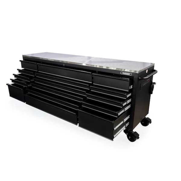 Husky 96 in. W x 24 in. D 16-Drawer Heavy-Duty Mobile Workbench with Stainless Steel Top in Matte Black