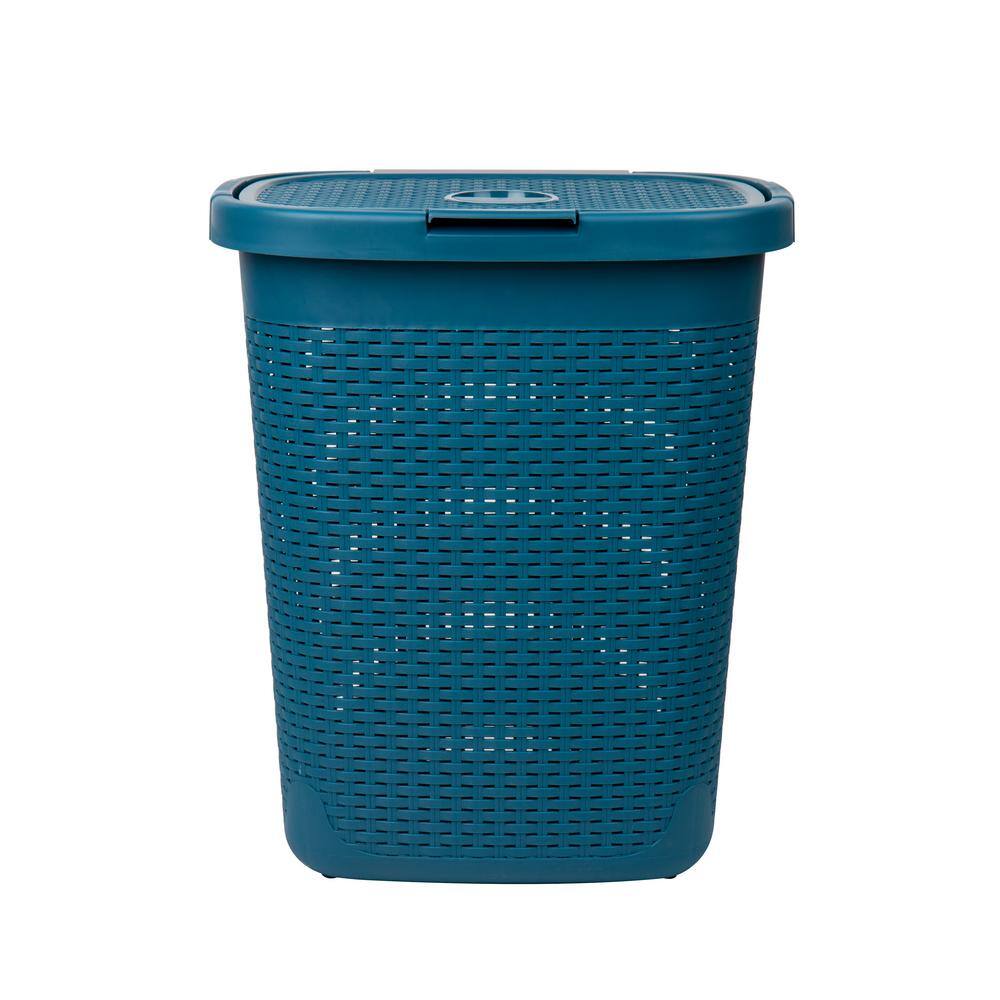 Blue Wicker Design Plastic Upright Hamper with Lid