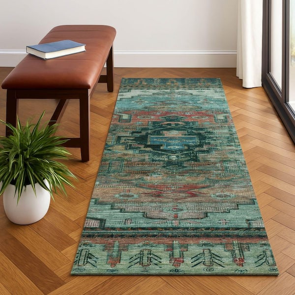 Mayfield Premium Machine Washable Abstract AMF1776 Teal 2 ft. 3 in. x 7 ft. 6 in. Runner Rug