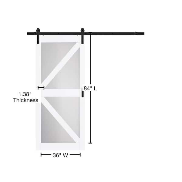 36 in. x 84 in. Bright White MDF Frosted Glass K Design Sliding Barn Door with Rustic Hardware Kit 36 in. x 84 in. Bright White MDF Frosted Glass K Design Sliding Barn Door with Rustic Hardware Kit