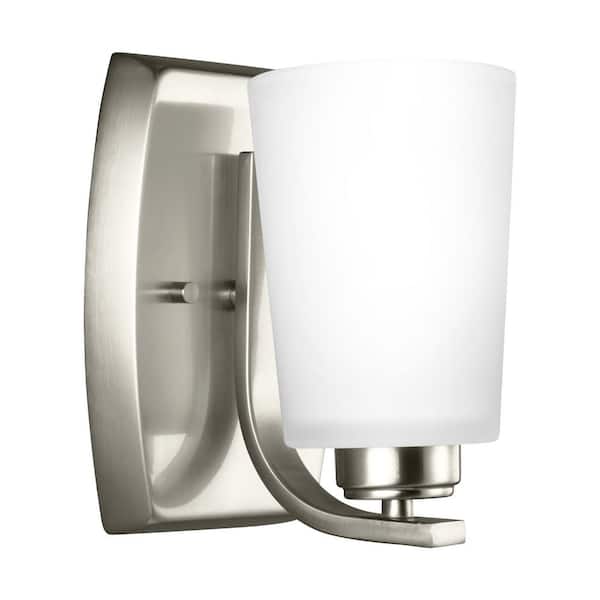 Generation Lighting Franport 5 in. 1-Light Brushed Nickel Traditional Chic Wall Sconce Bathroom Vanity Light with Etched White Glass Shade