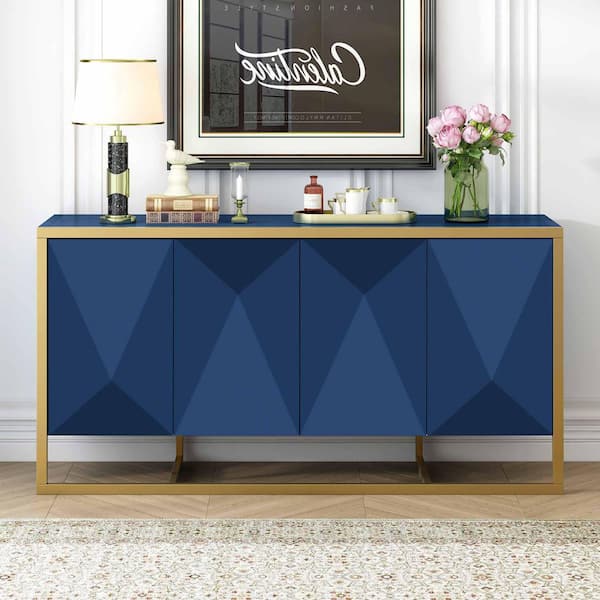 Navy Blue Wood 59.8 in. Sideboards with Unique Metal Legs