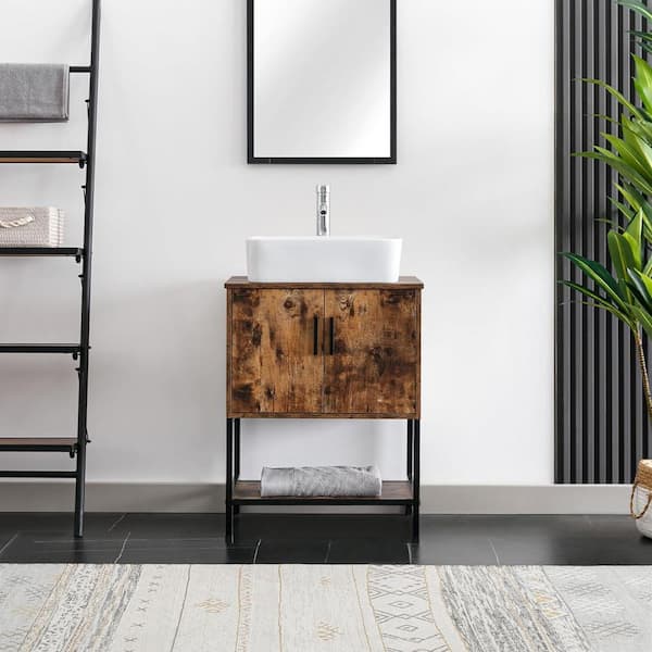 eclife 24 in. W x 20 in. D x 31.5 in. H Freestanding Bath Vanity in Brown with Single Ceramic White Top with Chrome Faucet