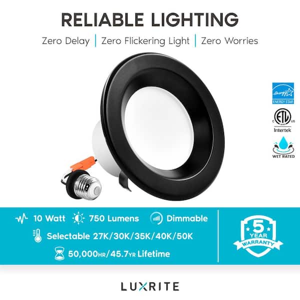 4 in. Recessed LED Can Lights 10W equal to 60-Watt 5 Color Selectable Dimmable 750 Lumens Wet Rated Black Trim (4-Pack)