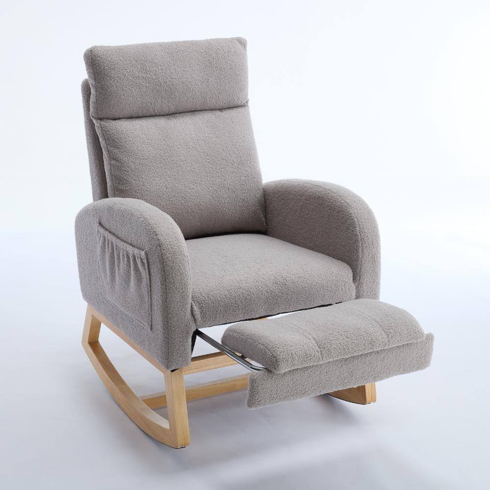 Light Gray Teddy Fabric Rocking Chair with Adjustable Footstool, Headrest, Side Pocket, Solid Wood Base