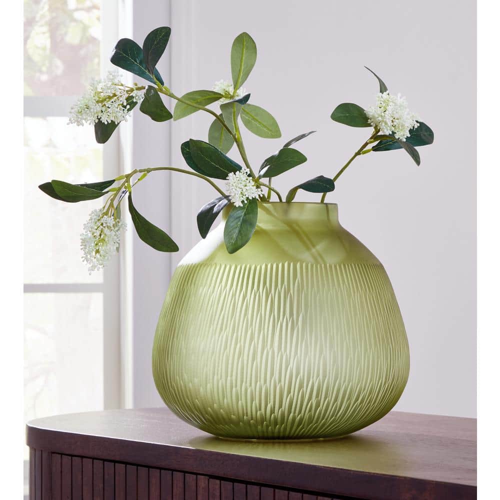 Olive Green Carved Glass Table Vase