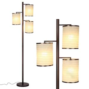 Liam 74 in. Oil Brushed Bronze Mid-Century Modern 3-Light LED Energy Efficient Floor Lamp with 3 Fabric Drum Shades