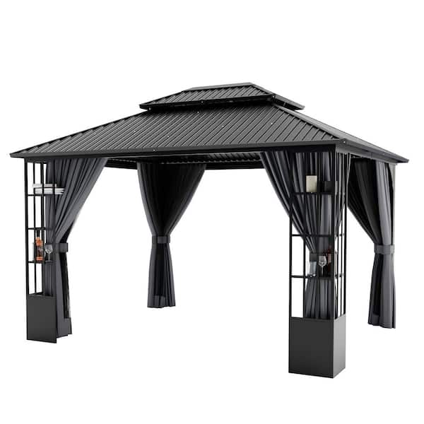 10 ft. x 12 ft. Double Roof Hardtop Patio Gazebo with Aluminum Frame, Storage Shelf and Gray Curtains