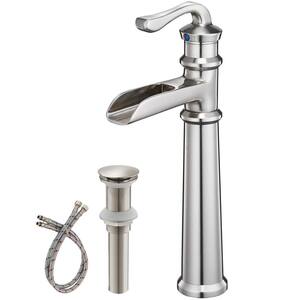 Waterfall Single Hole Single Handle Bathroom Vessel Sink Faucet With Pop-up Drain Assembly in Brushed Nickel