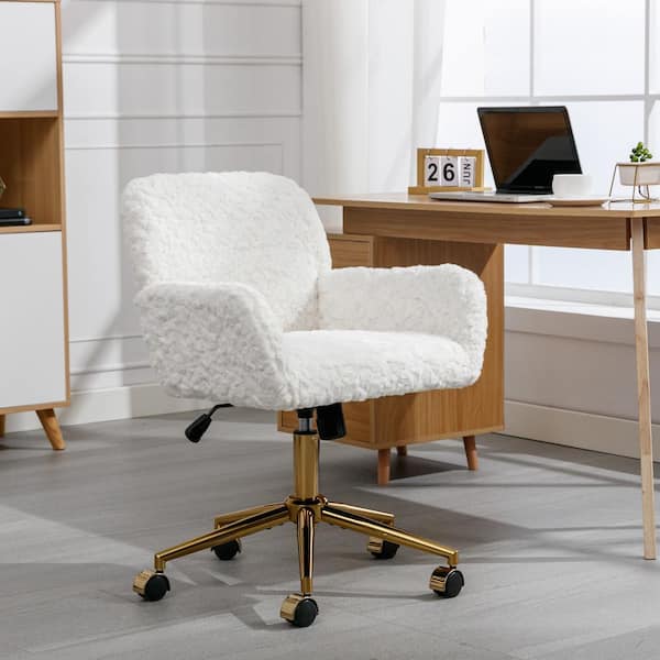 Clihome Artificial Rabbit Hair Adjustable Swivel Office Chair in Beige with Golden Metal Base