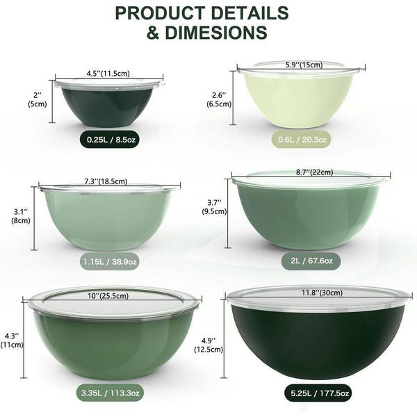 LAIFUCAM 6-Piece Green Plastic Mixing Bowl Set with Lids, Nesting