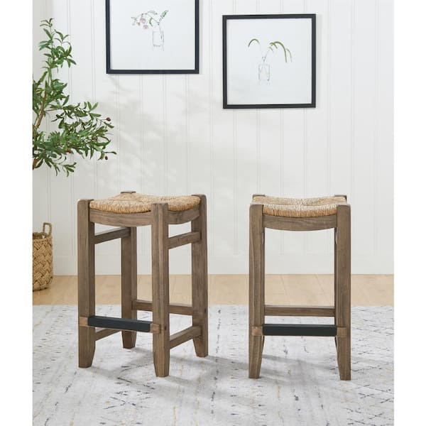 26 in. Newport Light Amber with Rush Seats Wood Counter Height Stools (Set of 2)