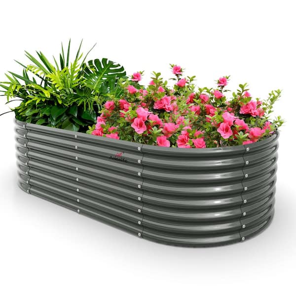96 in. Outdoor Alloy Steel Quartz Gray Galvanized Raised Garden Bed Oval Planter Boxes for Vegetables Flowers Herbs